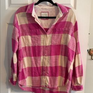 American Eagle Pink & Cream Plaid Blouse